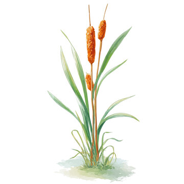 Detailed watercolor painting of Bulrush, isolated on white background