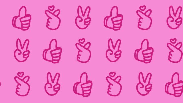 Seamless pattern of hand-drawn victory peace signs, thumbs up, and korean finger heart icons on pink background animation for positive hand gestures and expressive body language line art wallpaper.