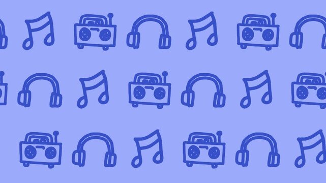 Seamless pattern of hand-drawn retro boomboxes, audio headphones, and musical notes on blue background animation for vintage audio equipment wallpaper and musical entertainment line art backdrop.