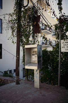 Old phone booth stands next to building covered in vines