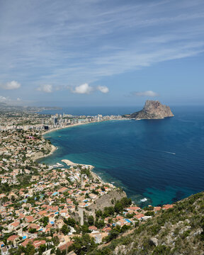Panoramic view of Calpe, Penon de Ifach and the Mediterranean coastline from Mirador Morro de Toix on Spain's Costa Blanca