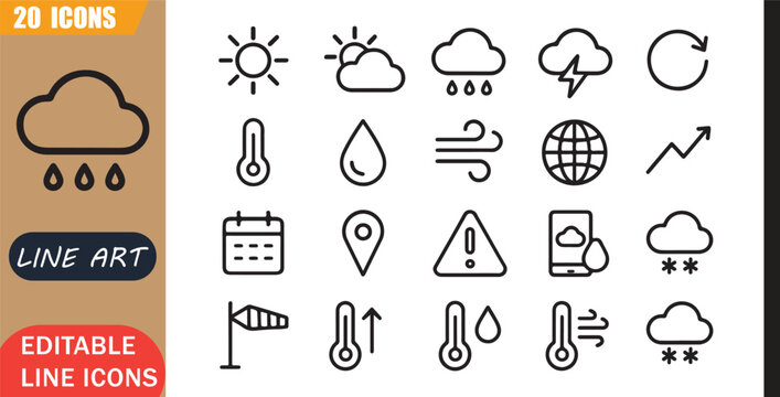 Isolated weather forecast icons set, 20 editable line art icons set, weather forecast update, temperature humidity wind, climate daily prediction, sky theme style, clean outline vector