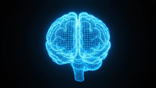 A glowing blue digital wireframe model of a human brain