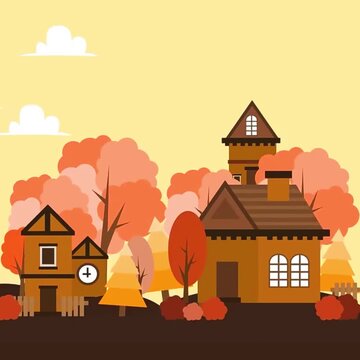 A charming 2D animated house nestled in a vibrant autumn forest, featuring gentle swaying trees and falling leaves in a seamless loop.