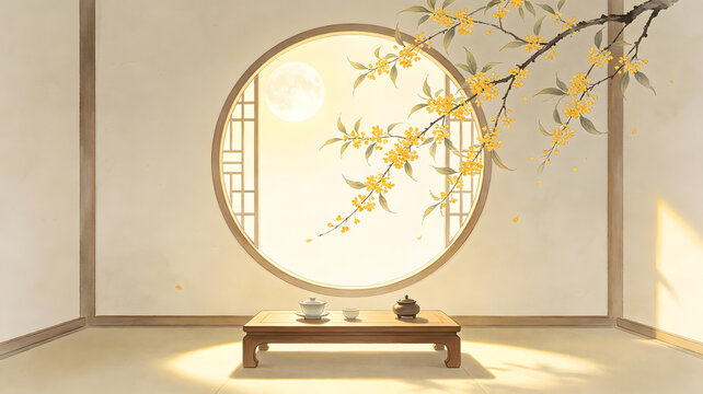 Osmanthus round window chinese interior background
