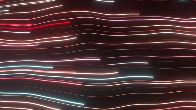 Abstract technology background with flow of glowing blue light streaks with wavy motion in the dark. Curved neon lines animation resembling data streams, energy flows or electronic signals. 4K 30fps