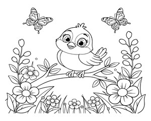 Fototapeta premium Cute Bird on Branch Coloring Page for Kids Vector Illustration