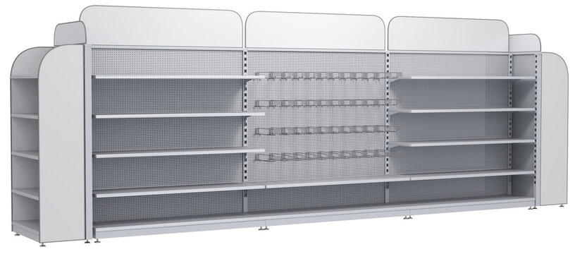 Supermarket retail gondola shelving with metal pegboard, empty shelves, rounded toppers, euro hooks with price holders. 3d illustration isolated on white