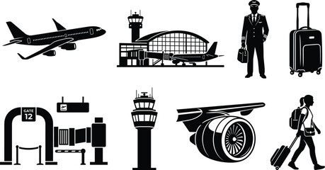 Airport aviation and commercial flight black icon set with passenger airplane pilot captain luggage and jet turbine isolated on white background © Gauranga