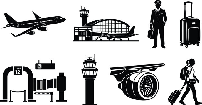 Airport aviation and commercial flight black icon set with passenger airplane pilot captain luggage and jet turbine isolated on white background