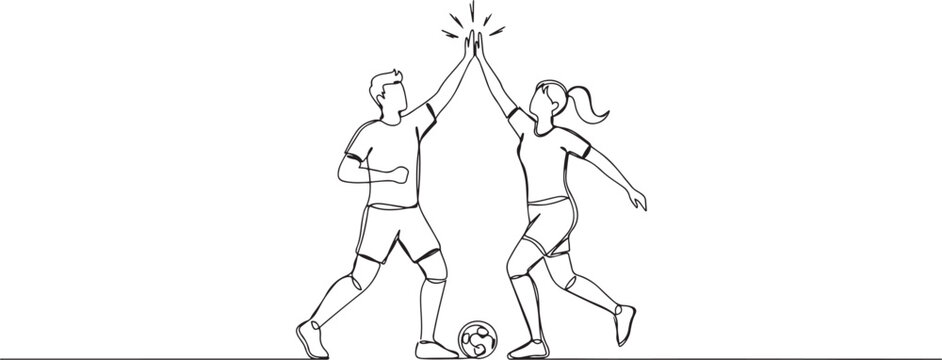Single continuous line drawing group of man and woman celebrating their successive goal with high five gesture together. one line Icon drawing