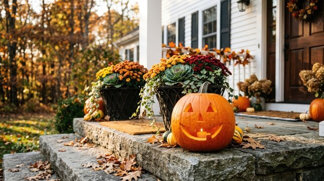 Festive halloween porch decor with carved pumpkin mums and autumnal foliage for seasonal displays