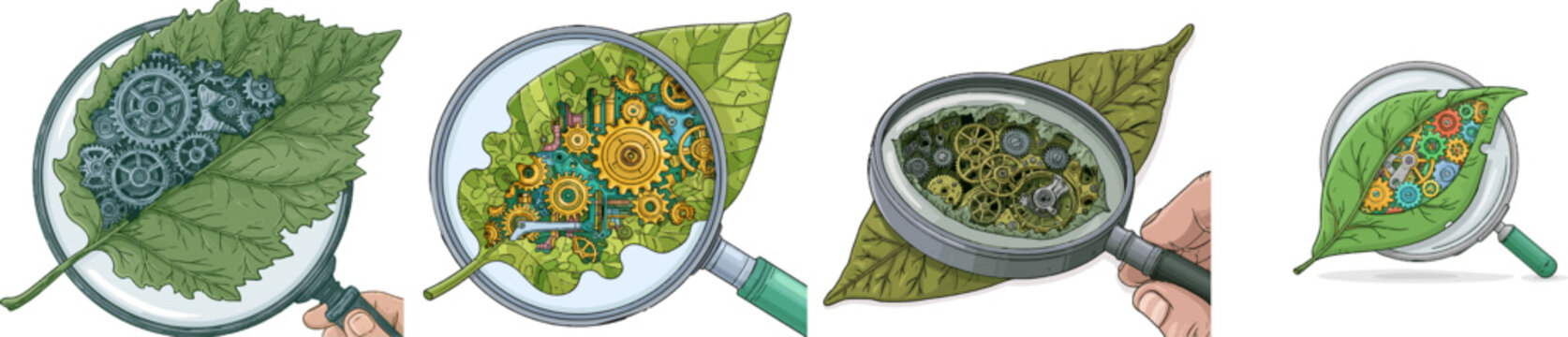 A round magnifying glass reveals a whimsical 2D vector doodle illustration of intricate clockwork gears hidden within a green leaf on a white background