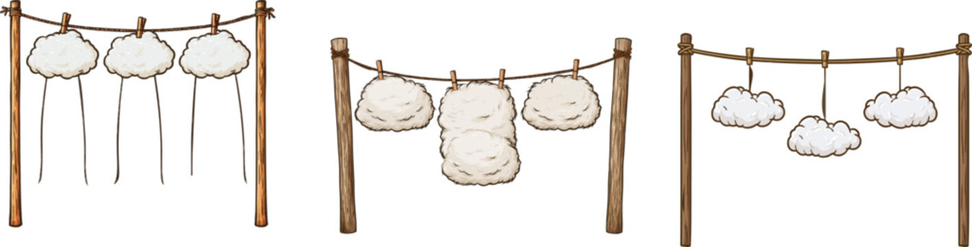 A simple clothesline stretches between two wooden poles, with three soft white clouds hanging to dry using wooden pins against a minimalist, clean, bold outline illustration style