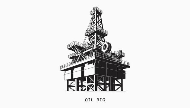Very beautiful black and white vector illustration of an OIL RIG with detailed drilling structure and engineering framework, isolated on white background, with the label "OIL RIG" displayed beneath th