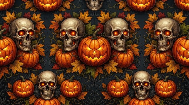 Spooky halloween pattern with glowing pumpkins and skulls for autumn decor