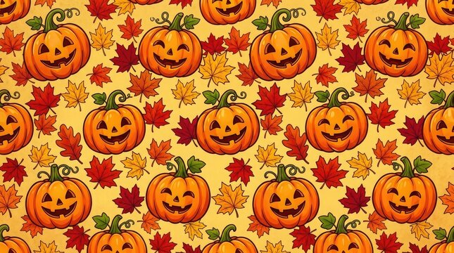 Seamless halloween pumpkin patch pattern autumn leaves and jack o' lanterns for festive designs