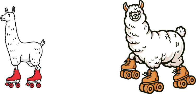 A whimsical llama in oversized retro roller skates balances effortlessly on its rear legs against a minimalist white background