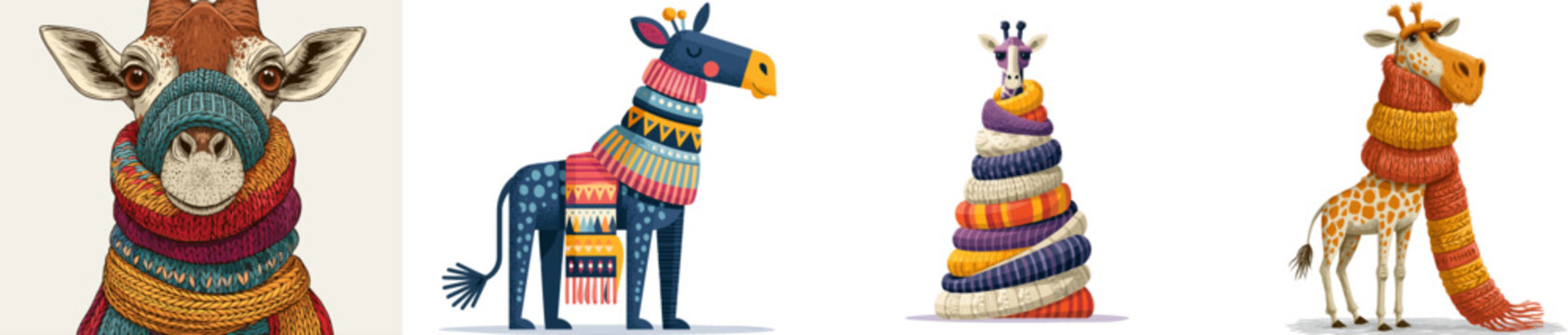 A whimsical giraffe dons a vibrant, multi-layered knitted scarf in a bold, clean vector illustration style against a plain white background