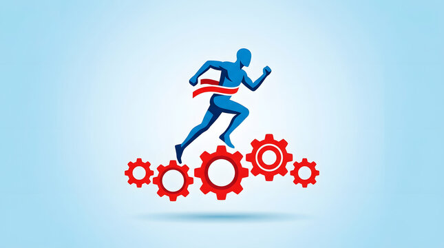 Blue runner crossing finish line with red gears on light blue background running
