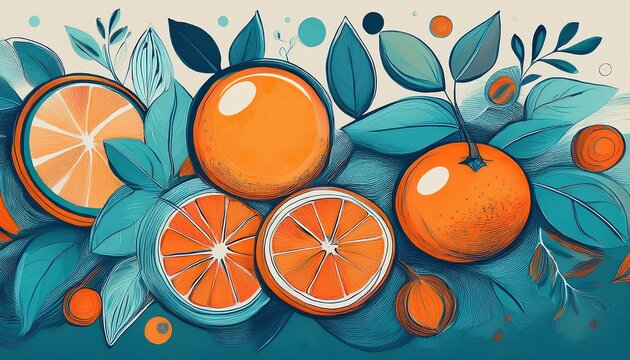 a blue and orange drawing of fruit and leaves the fruit includes oranges and an orange slice the leaves are green and the drawing has a light airy feel
