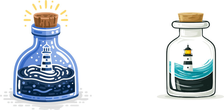 A charming glass ink bottle with a cork stopper contains a miniature white lighthouse floating on dark blue water, surrounded by a burst of yellow rays against a clean, isolated background