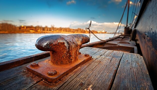 rusty cleat on a deck of vintage river dredge or barge