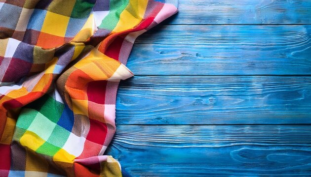 bright multicolor tablecloth on wooden table for background fabric texture wooden texture copy space top view