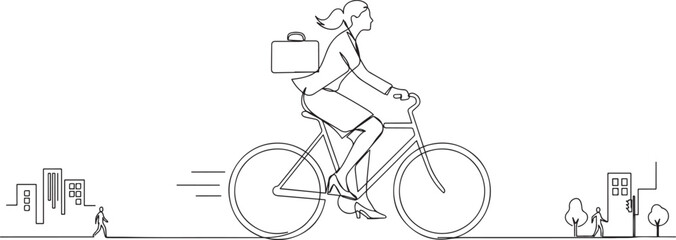 Naklejka premium Continuous one line drawing beautiful business woman with briefcase commute her bicycle outdoor at urban. one line Icon drawing