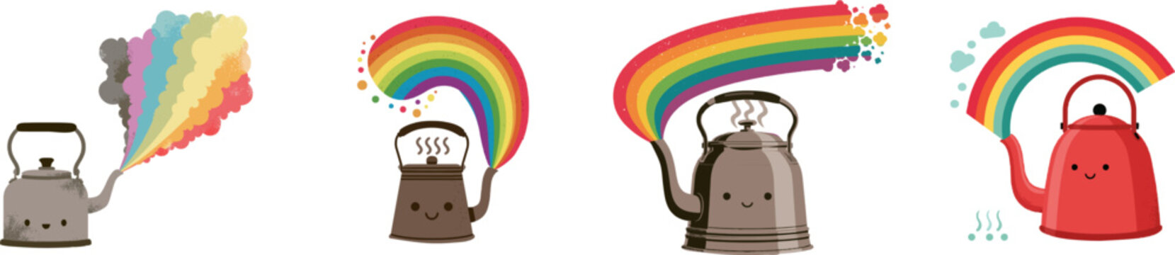 A charming retro metal kettle with a cute face emits a vibrant rainbow-colored steam, set against a simple, flat 2D vector doodle background
