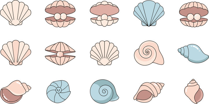 Seashell and Pearl Oysters Line Art Icon Set with Pastel Conch Scallop Clam and Spiral Shells Vectors for Summer Beach and Nautical Graphic Designs