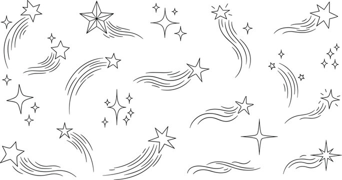 Shooting Star and Comet Line Art Icon Set with Falling Meteorites Twinkling Sparkles and Celestial Space Elements for Magic and Astrology Designs