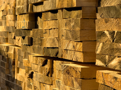 Stacked Wooden Lumber Timbers Detail Shot At Construction Site