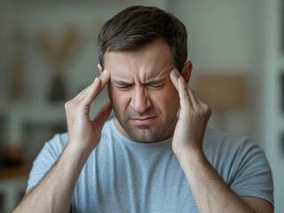 Fototapeta premium Stressed man suffering from a severe headache, holding his head in pain