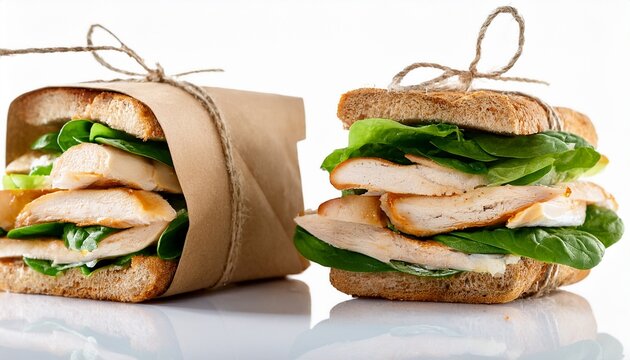 chicken and spinach sandwiches wrapped in craft paper over a whi