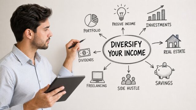 Focused Entrepreneur Planning Financial Wealth Strategy on White Wall Highlights Diversify Your Income Concept with Hand Drawn Icons and Digital Tablet