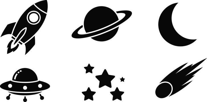 Space exploration icon set rocket planet ufo stars and comet