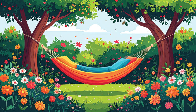 Colorful Hammock Between Two Trees.