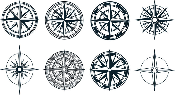 Vintage Compass Rose Silhouette Vector Icon Set with Marine Windrose Navigation Stars and Nautical Map Arrow Symbols for Maritime Travel Graphic Designs