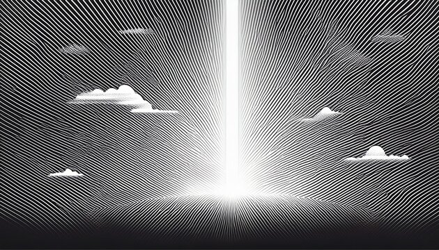 macro halftone print of cloudy sky with a bright vertical light beam drawn in diagonal black lines on a white background