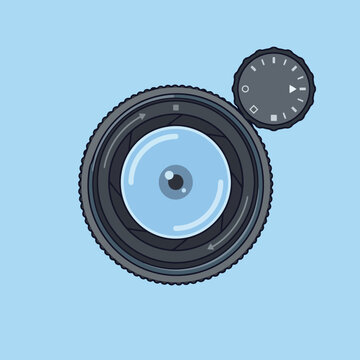 A minimalist illustration of a camera lens and mode dial