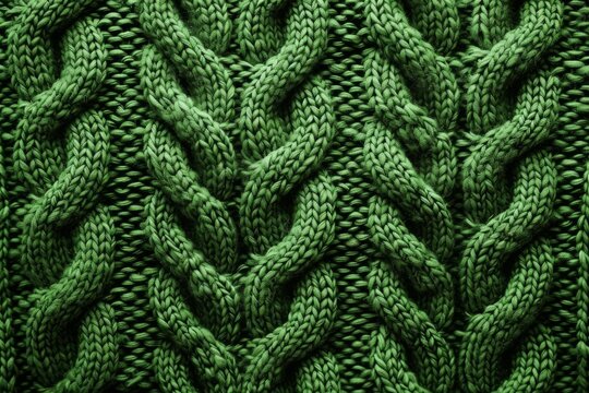 Close up view of a green cable knit fabric, highlighting its texture, warmth, and stylish design