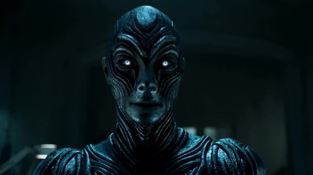 Enigmatic alien entity with piercing glowing white eyes and intricate organic-mechanical patterns in a dark, mysterious sci-fi scene.