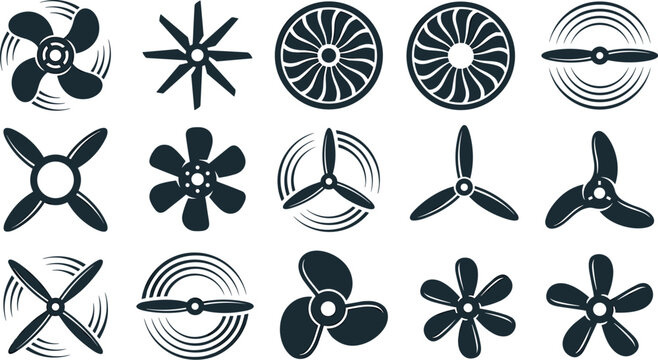 Vintage Propeller and Turbine Blade Silhouette Icon Set with Aviation Airplane Rotors Boat Impellers and Cooling Fan Symbols for Mechanical Graphic Designs