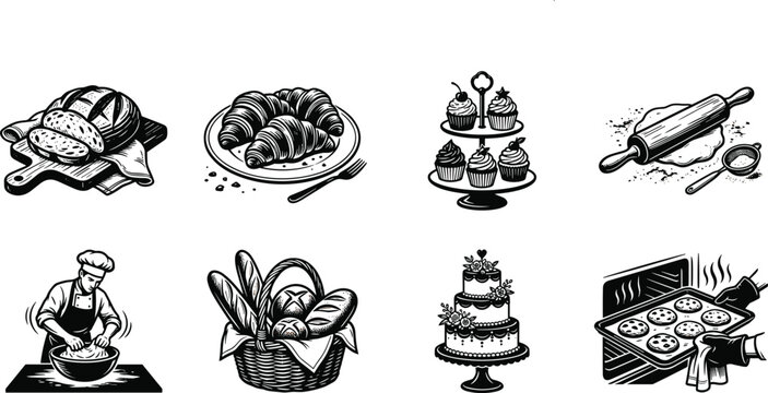 Baking Silhouette Collection Featuring Bread, Croissants, Cupcakes, Rolling Pin, Dough Kneading, Cake, Cookies, and Oven