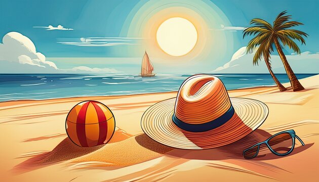 hand drawn summer scene features beach essentials wide brimmed hat rests on the sand bright sun shines near a palm tree sandcastle and beach ball float nearby