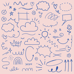 Obraz premium Vector of hand-drawn doodles including clouds, arrows, and speech bubbles.