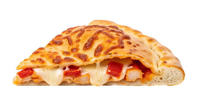 A cross section of calzone with melted cheese and tomato filling on transparent background pizza pastry dough mozzarella