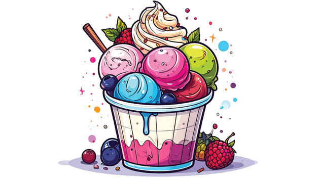 Colorful ice cream sundae dessert treat.