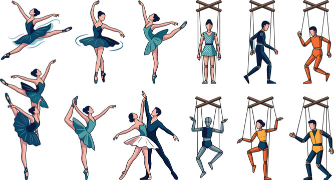 Ballet Dancers and Marionette Puppet Character Set with Classical Ballerina Poses, Pas de Deux Couple, and Controlled String Puppets Vector Illustration Designs